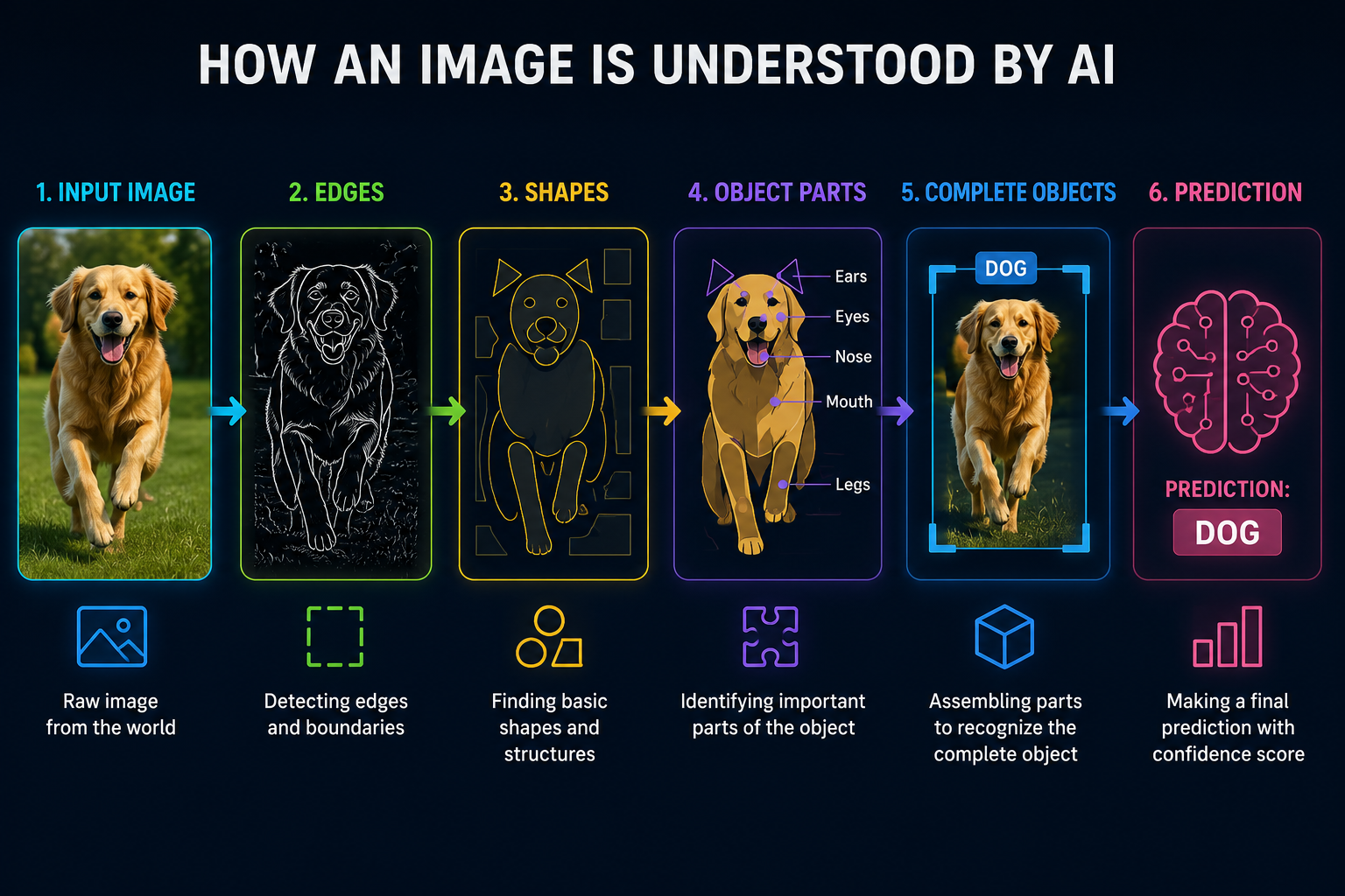 How an image is understood by AI: Input Image to Edges, Shapes, Object Parts, Complete Objects, and final Prediction with confidence — the hierarchical feature learning process in deep learning.