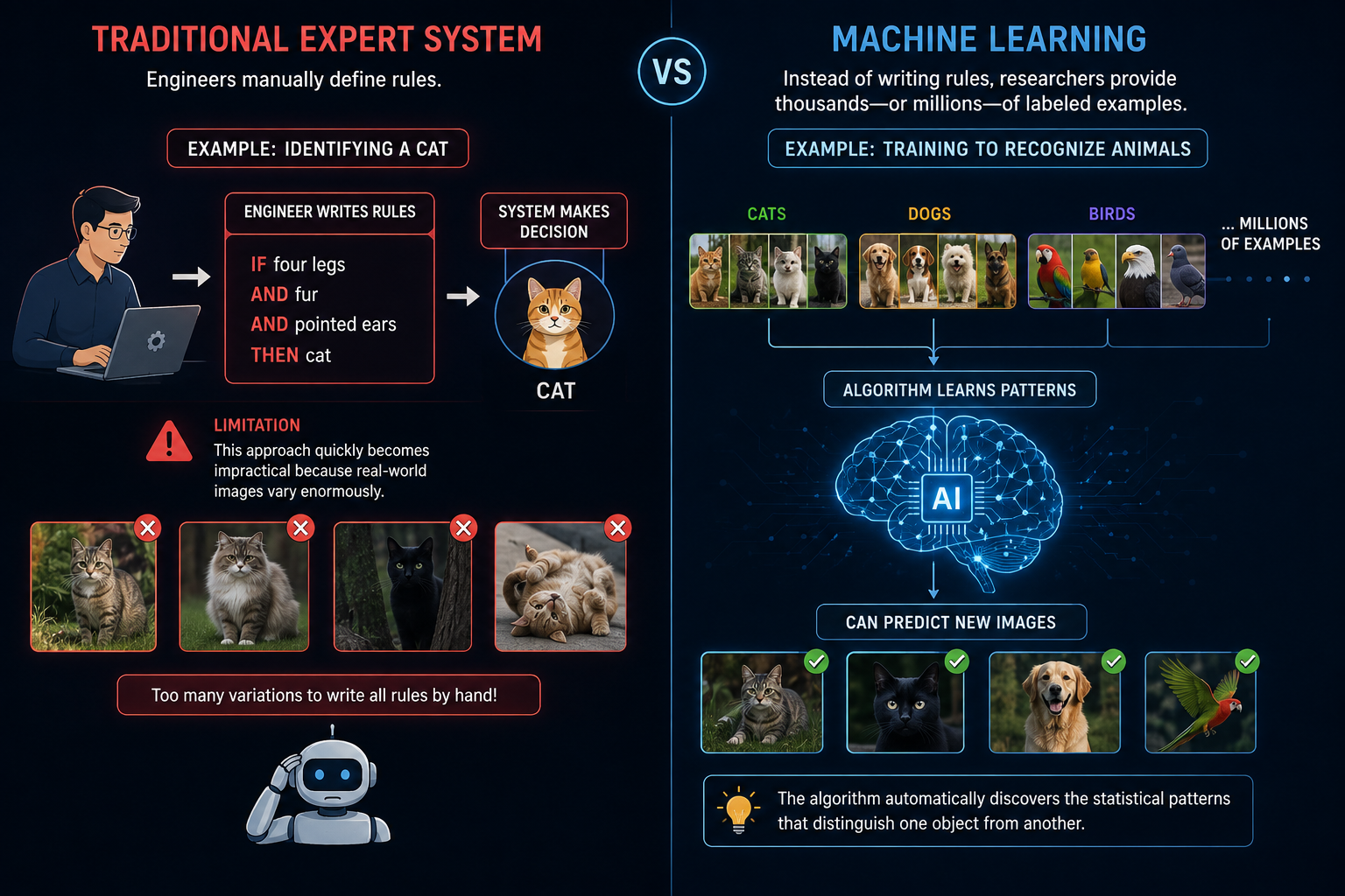 Comparison infographic: Traditional Expert System uses manually written rules such as IF four legs AND fur THEN cat, which fails on varied real-world images; Machine Learning learns from millions of labeled examples and discovers statistical patterns to predict new images.