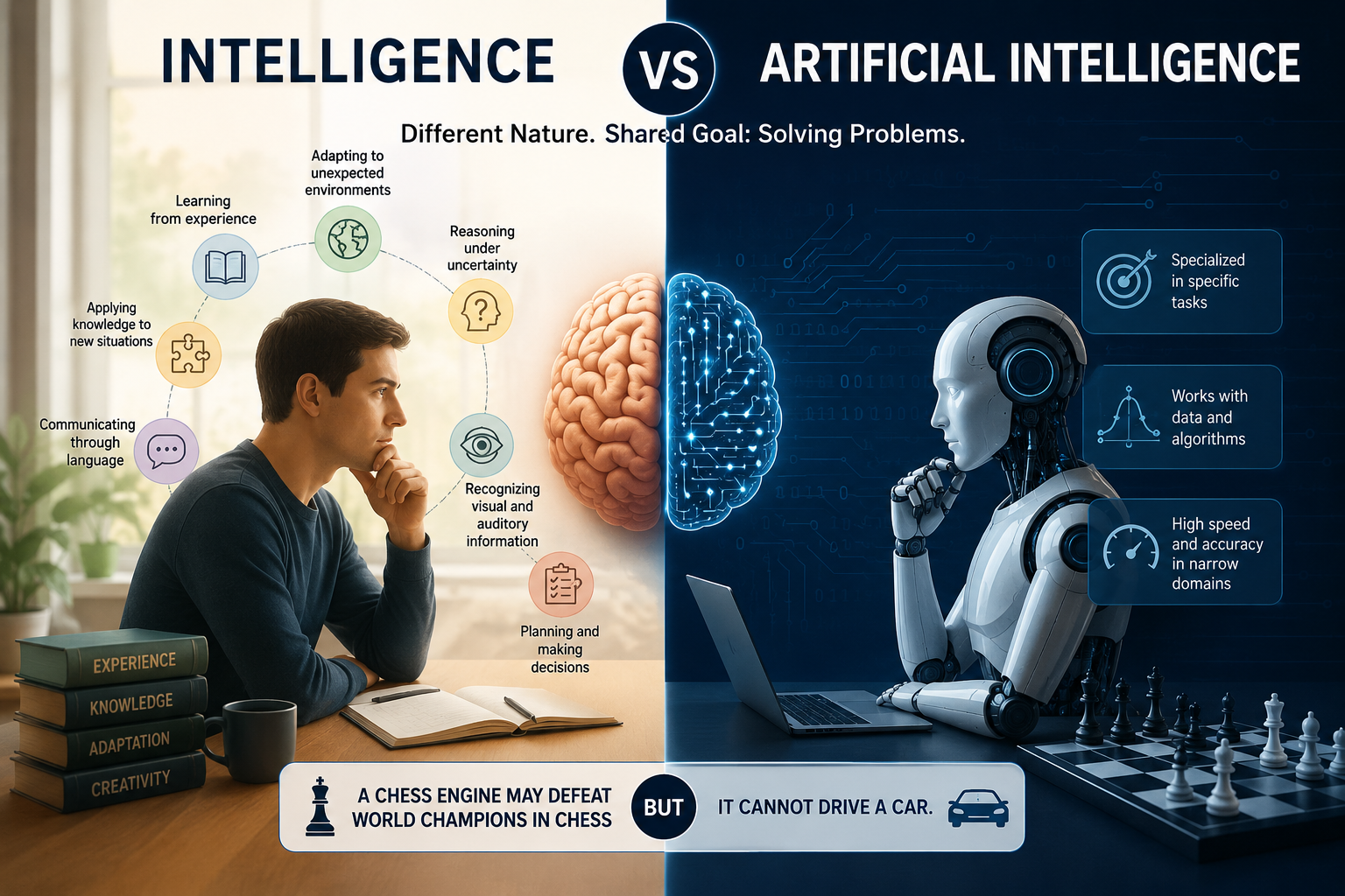 Infographic comparing human intelligence and artificial intelligence: human abilities such as learning, adaptation, reasoning, and creativity on the left; AI as specialized, data-driven, and fast in narrow domains on the right. Bottom note: a chess engine may defeat world champions in chess but cannot drive a car.